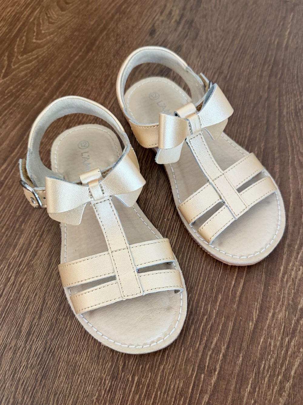 L'AMOUR SHOES Janie Champagne T-Strap Bow Sandal
